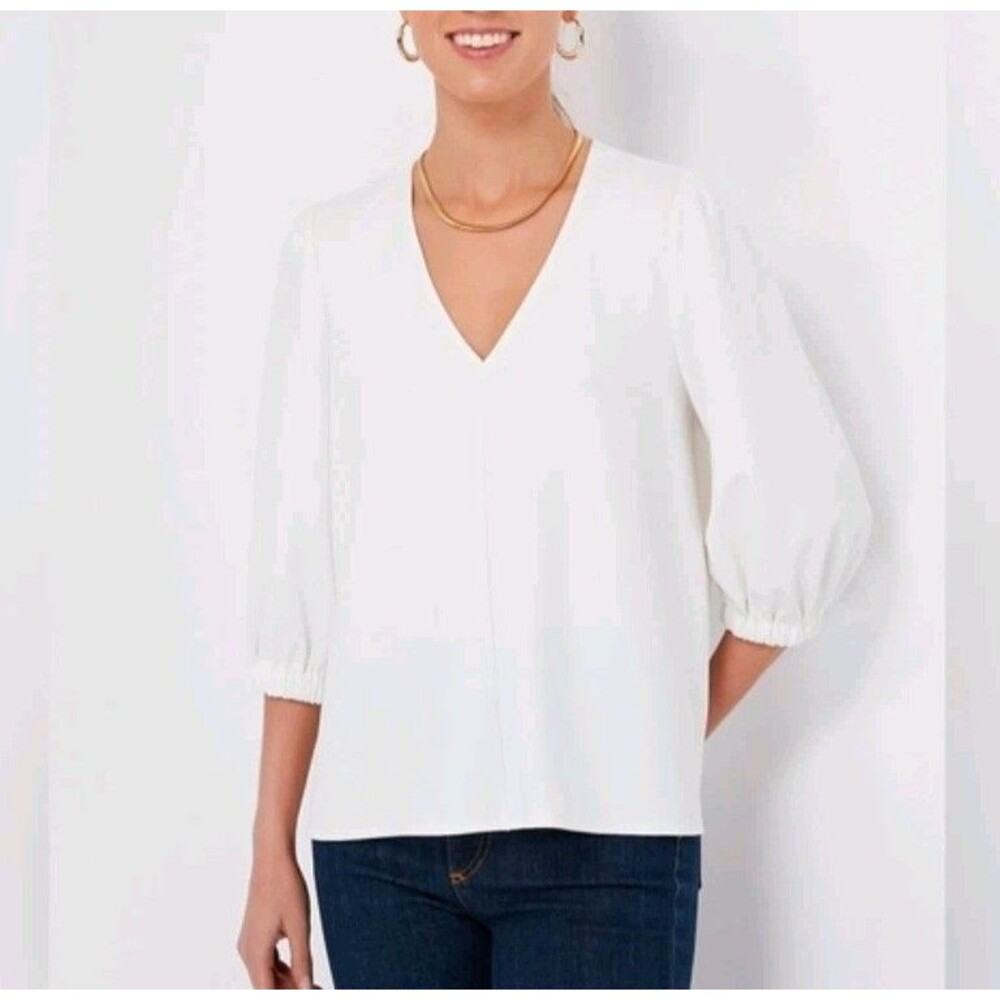 Tuckernuck POMANDER PLACE Hollis Puff Sleeve V Neck Blouse White - M